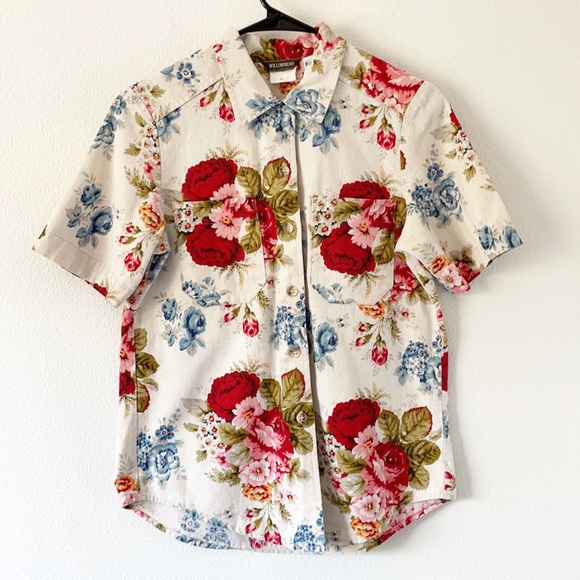 Vintage Linen Floral Short Sleeve Button Shirt - Picture 1 of 8